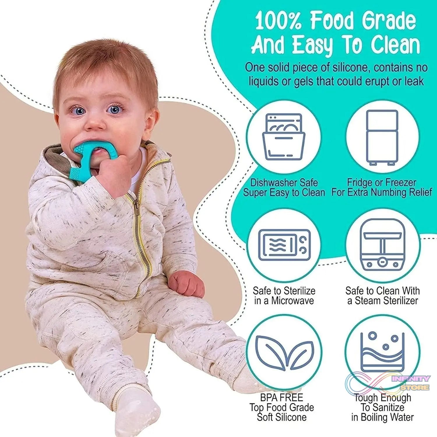 Silicone Baby Teether Pack of 1 (Mix Design & Color) - infinityexculsivestore.com