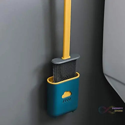 Silicone toilet brush with holder for easy cleaning.