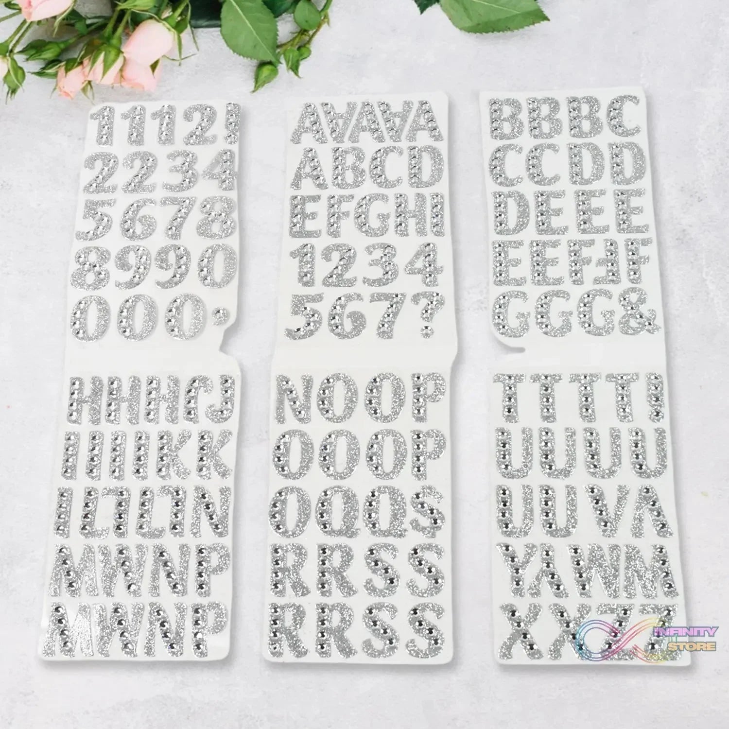 Silver Gem Letter & Numbers Stickers 1 Inch Letters, 130 Count (Pack of 6 Sheets) - infinityexculsivestore.com