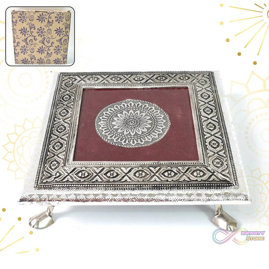 Silver - Square Pooja Chowki Patla / Bajot (20×20 CM / 1 Pc) - infinityexculsivestore.com