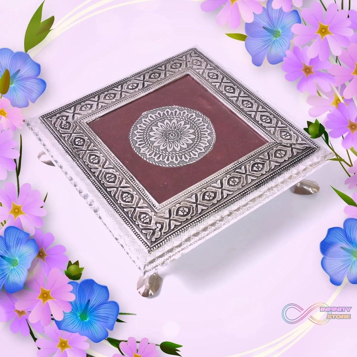 Silver - Square Pooja Chowki Patla / Bajot (20×20 CM / 1 Pc) - infinityexculsivestore.com