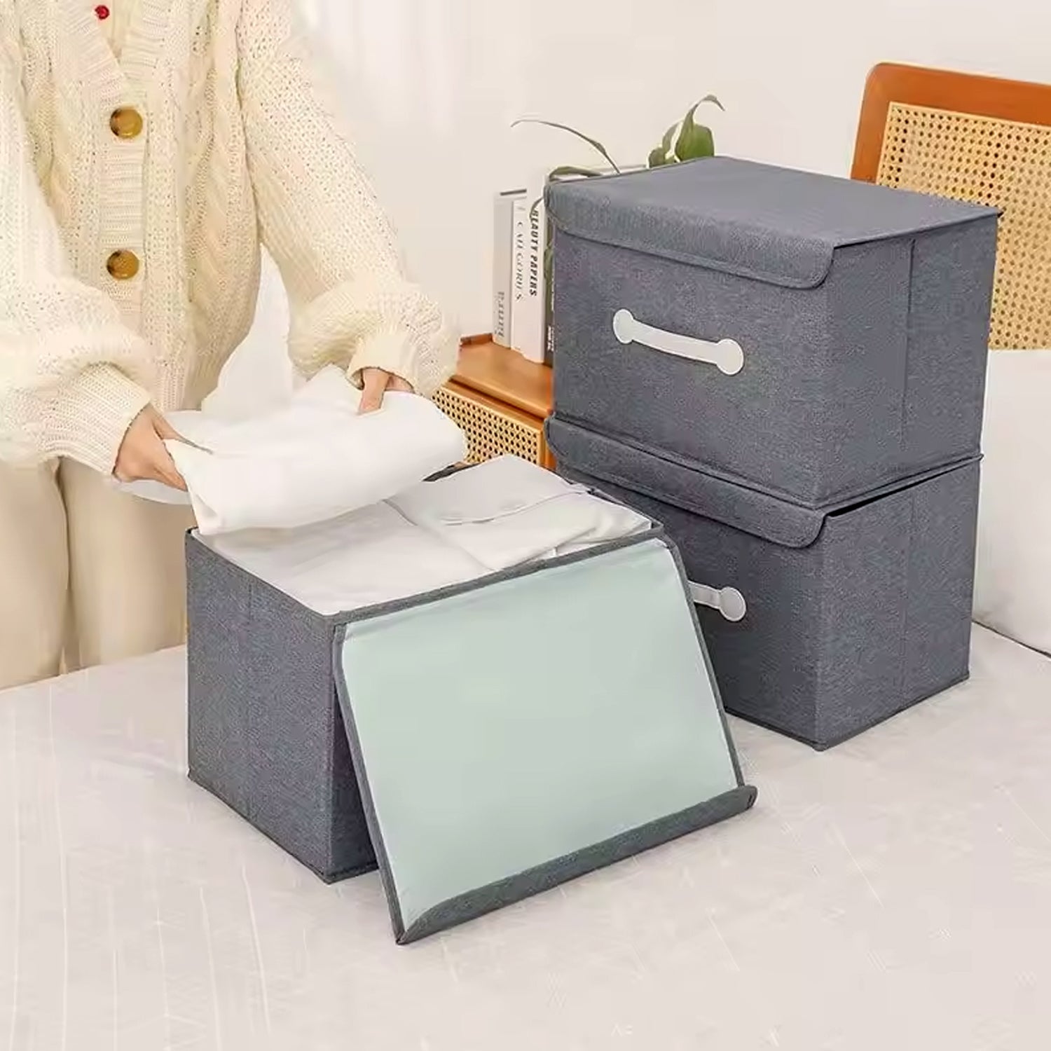 Small Foldable Storage Box With Lid And Handles, Cotton And Linen Storage Bins And Baskets Organizer For Nursery, Closet, Bedroom, Home (28×20×16 Cm / 1 pc) - infinityexculsivestore.com