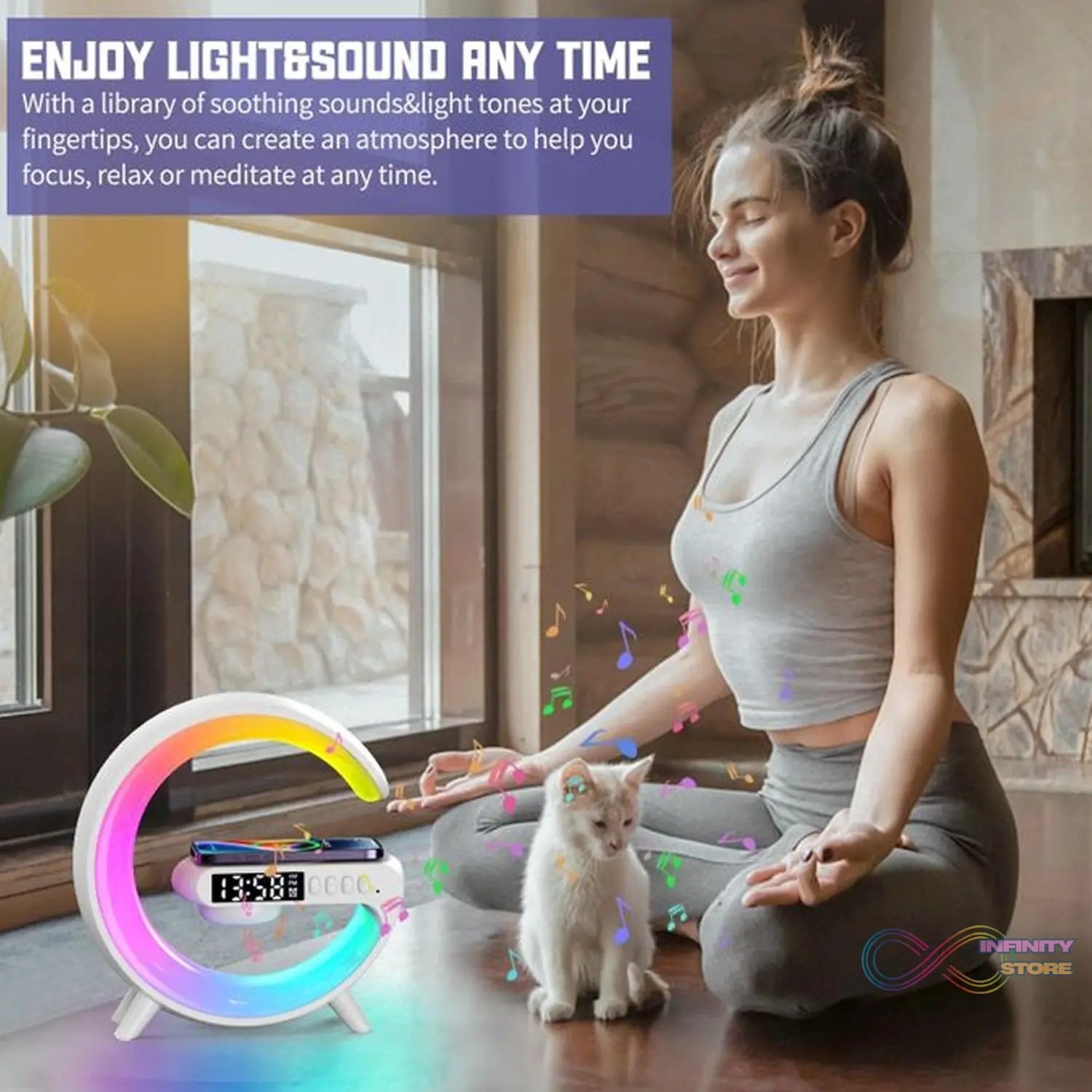Smart Alarm Clock with G - Shape RGB Light Bluetooth Speaker, Wireless Charging (1 Pc) - infinityexculsivestore.com