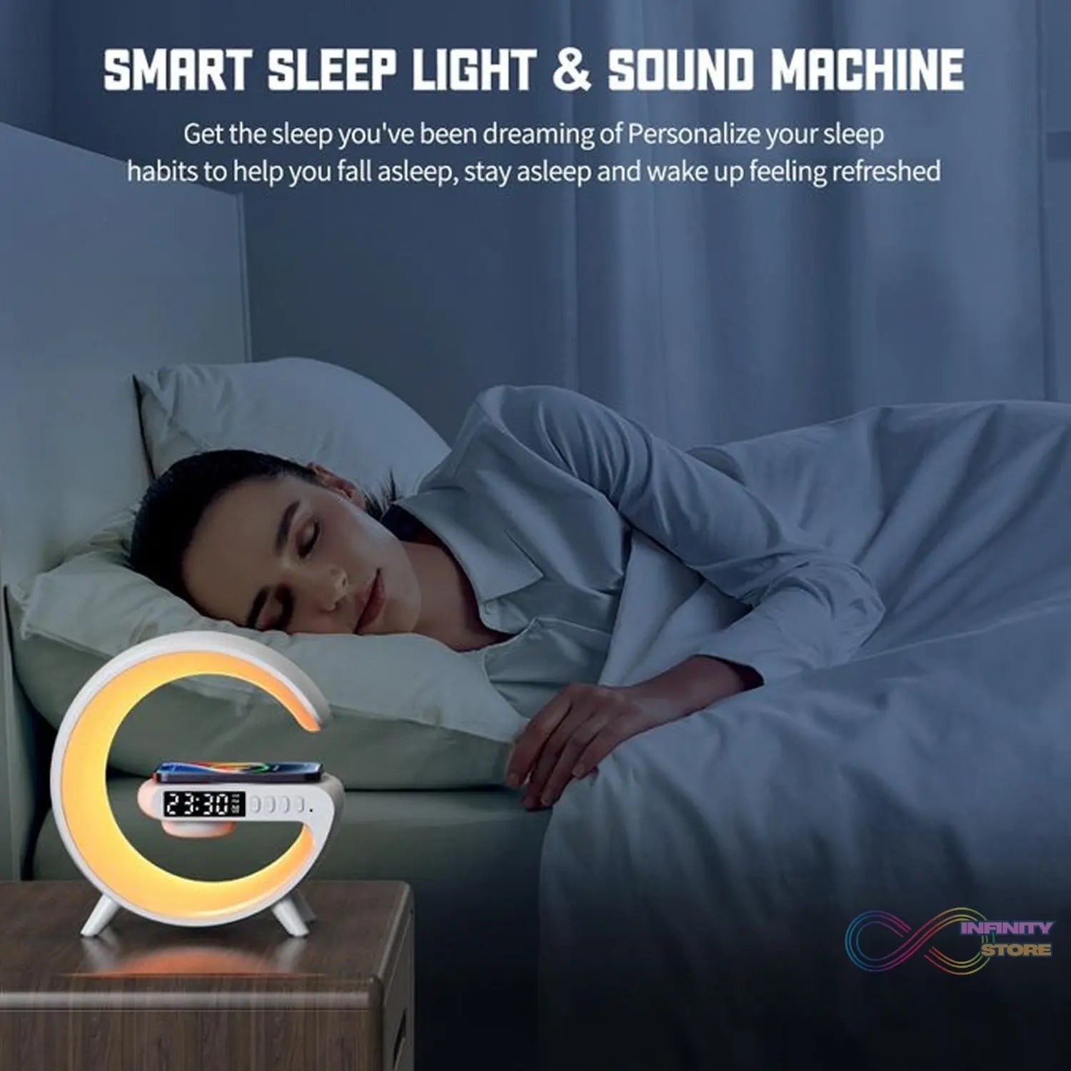Smart Alarm Clock with G - Shape RGB Light Bluetooth Speaker, Wireless Charging (1 Pc) - infinityexculsivestore.com