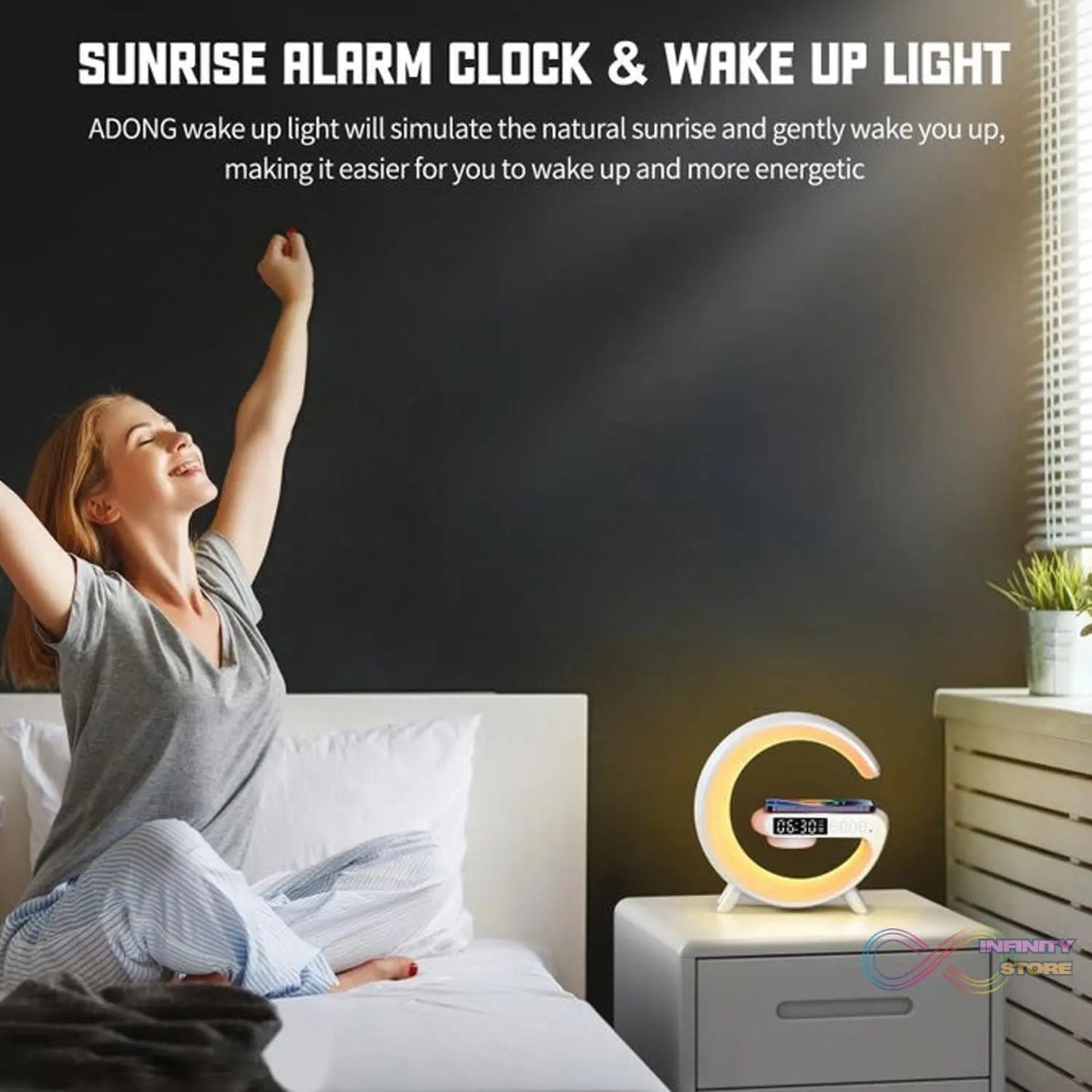 Smart Alarm Clock with G - Shape RGB Light Bluetooth Speaker, Wireless Charging (1 Pc) - infinityexculsivestore.com