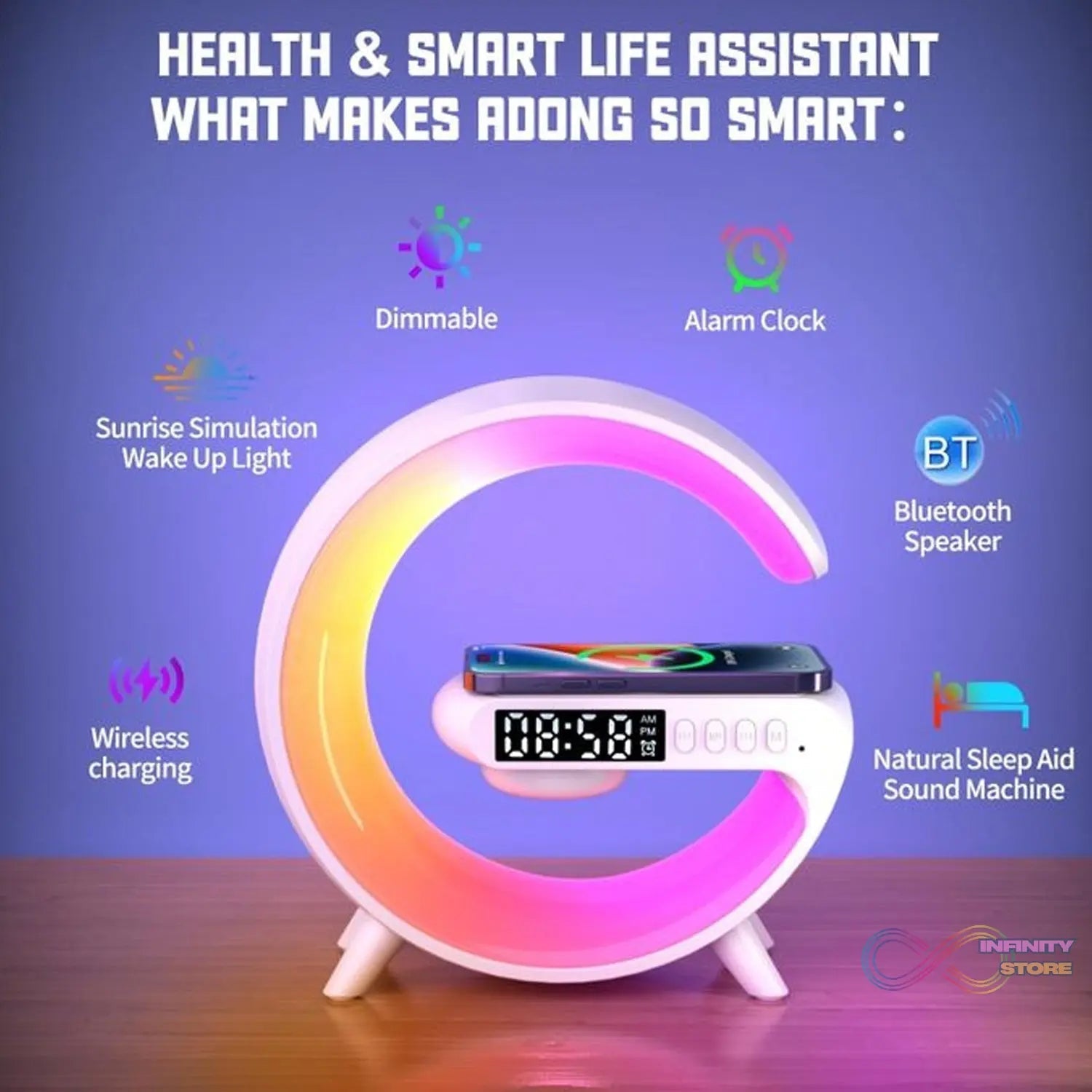 Smart Alarm Clock with G - Shape RGB Light Bluetooth Speaker, Wireless Charging (1 Pc) - infinityexculsivestore.com