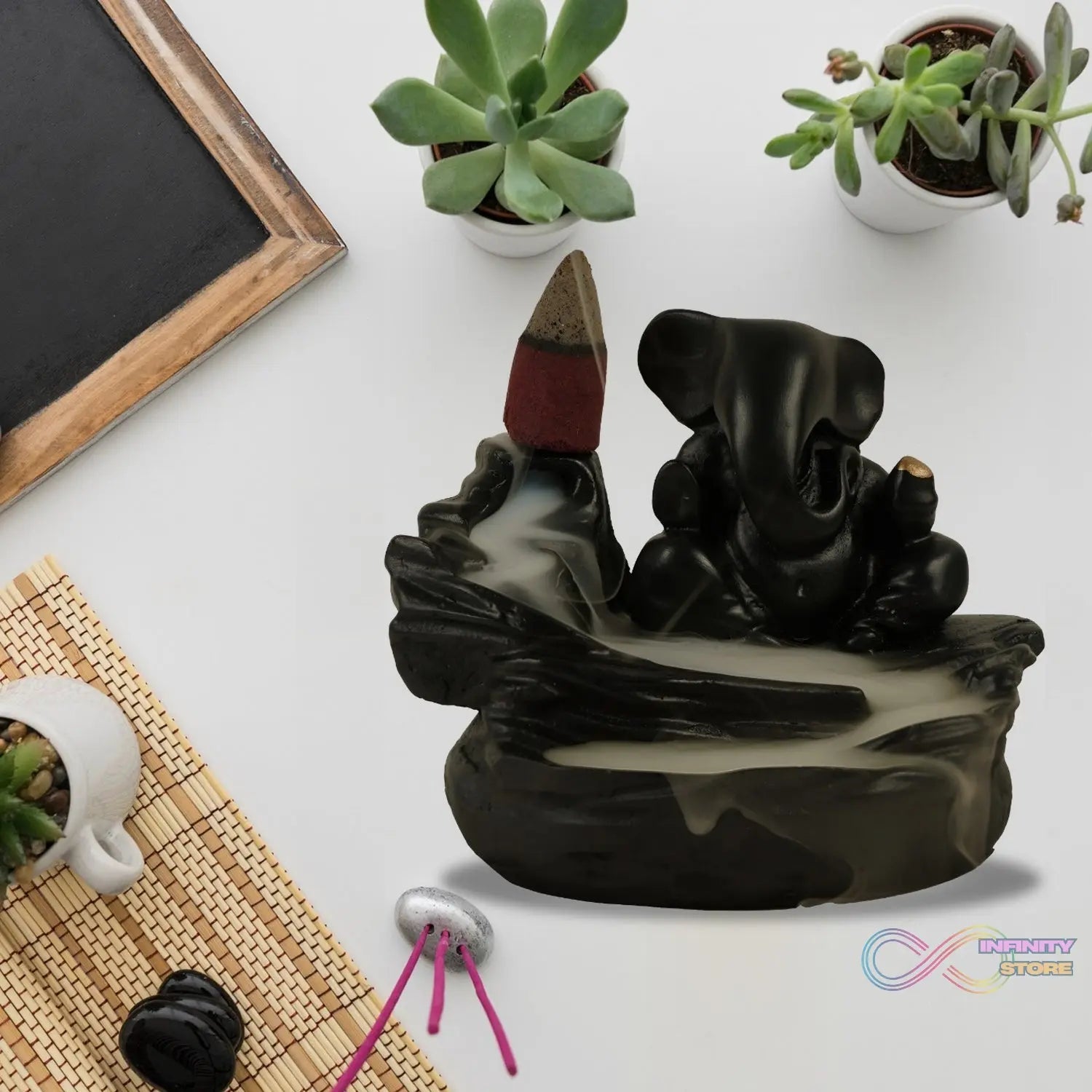 Smoke Fountain Ganesha Idol Decoration Items with 8 Pc Backflow Incense Cones Sticks (1 pc) - infinityexculsivestore.com