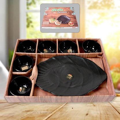 Hello Sweet Round Ceramic Snacks Bowl With Plastic Leaf shape Serving platter Portable, Lightweight Breakfast, Serving Bowl | Ideal for Rice, Pasta, Desserts Home & Kitchen Serving Bowl & platter (7 Pcs set) - infinityexculsivestore.com