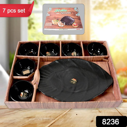 Hello Sweet Round Ceramic Snacks Bowl With Plastic Leaf shape Serving platter Portable, Lightweight Breakfast, Serving Bowl | Ideal for Rice, Pasta, Desserts Home & Kitchen Serving Bowl & platter (7 Pcs set) - infinityexculsivestore.com