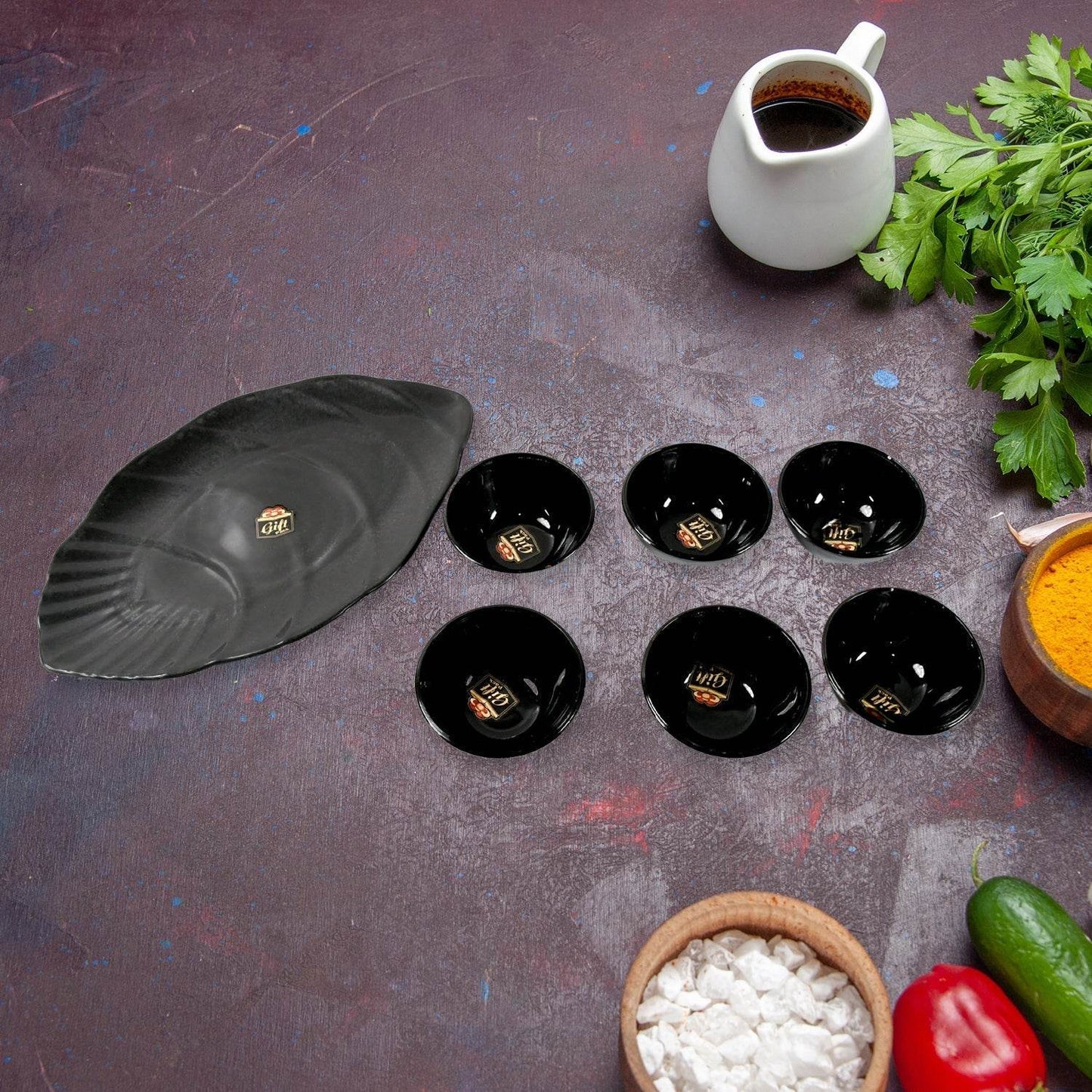 Hello Sweet Round Ceramic Snacks Bowl With Plastic Leaf shape Serving platter Portable, Lightweight Breakfast, Serving Bowl | Ideal for Rice, Pasta, Desserts Home & Kitchen Serving Bowl & platter (7 Pcs set) - infinityexculsivestore.com