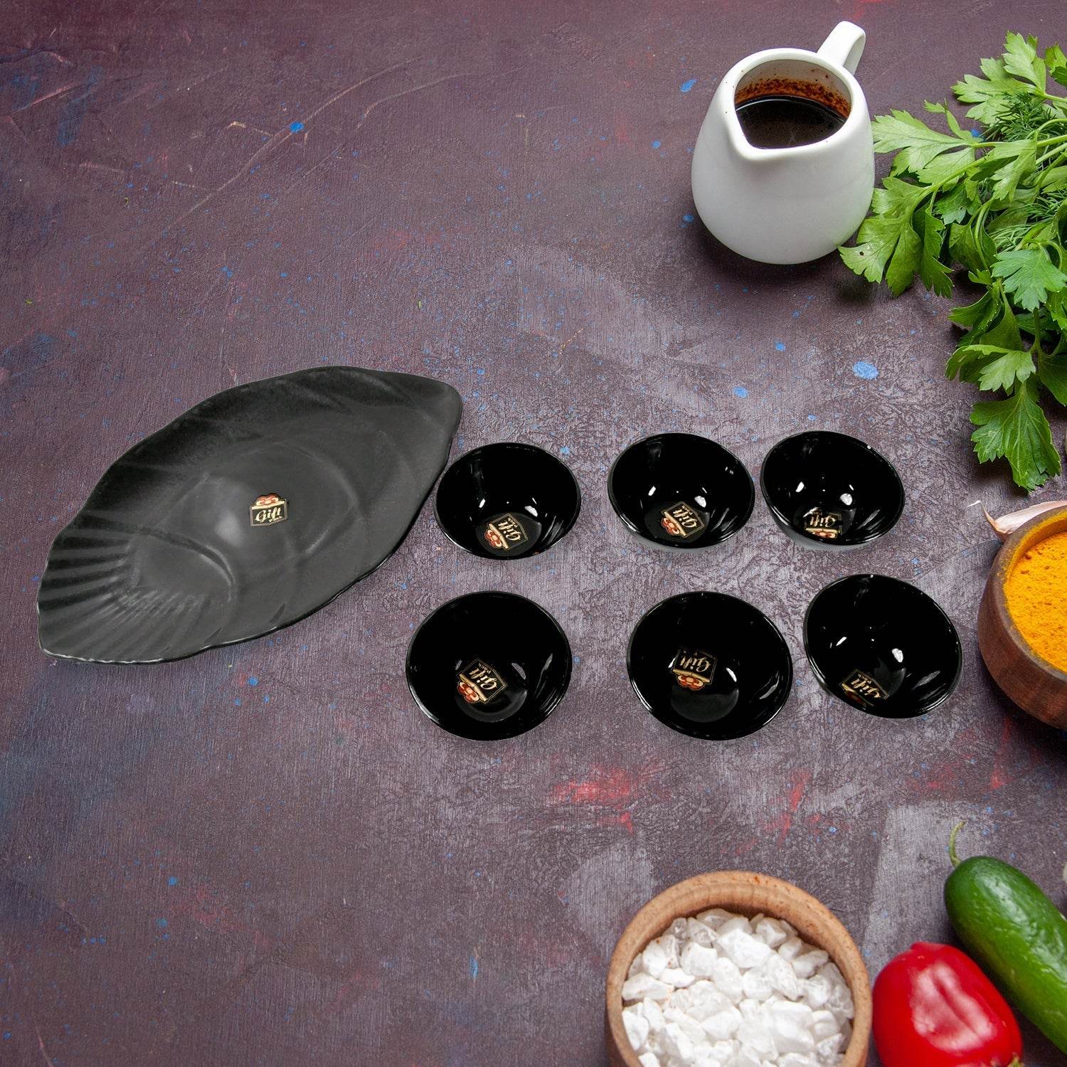 Hello Sweet Round Ceramic Snacks Bowl With Plastic Leaf shape Serving platter Portable, Lightweight Breakfast, Serving Bowl | Ideal for Rice, Pasta, Desserts Home & Kitchen Serving Bowl & platter (7 Pcs set) - infinityexculsivestore.com