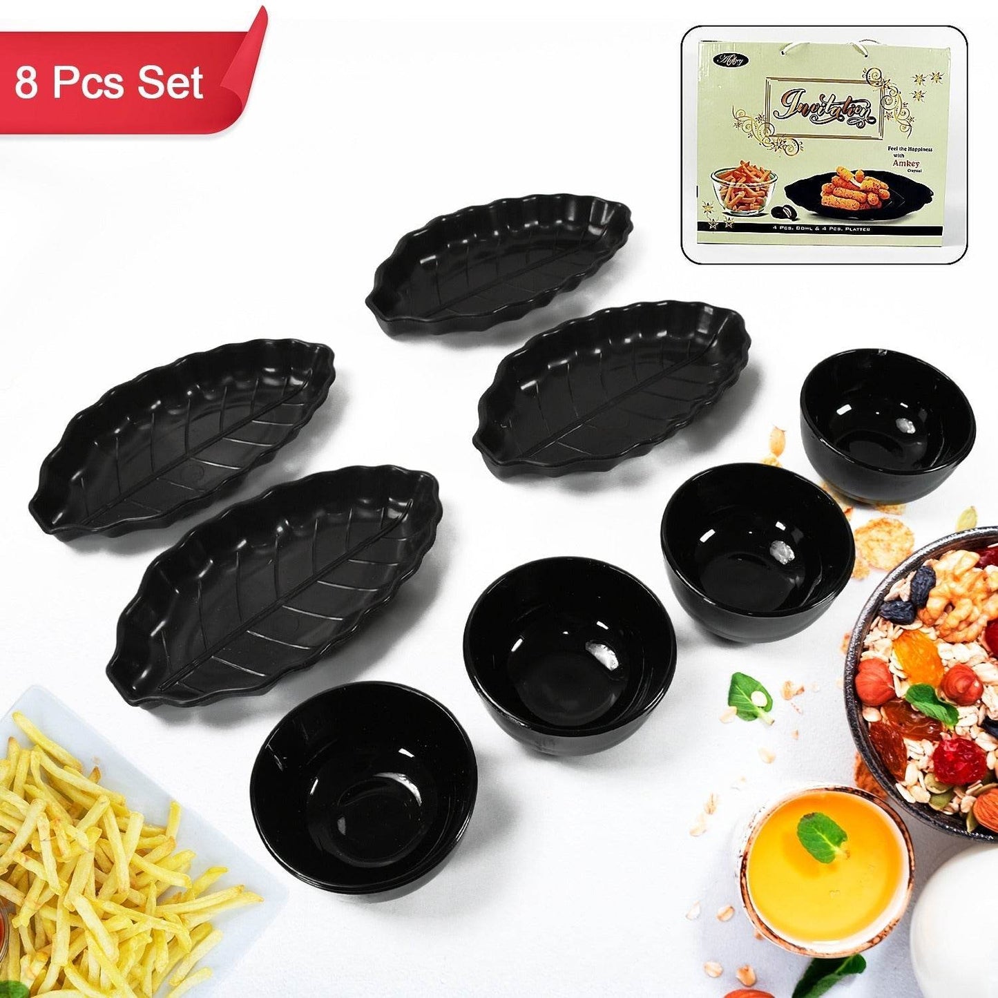 Invitation Round Ceramic Snacks Bowl With Plastic Leaf shape Serving platter Portable, Lightweight Breakfast, Serving Bowl | Ideal for Rice, Pasta, Desserts Home & Kitchen Serving Bowl & platter (8 Pcs set) - infinityexculsivestore.com