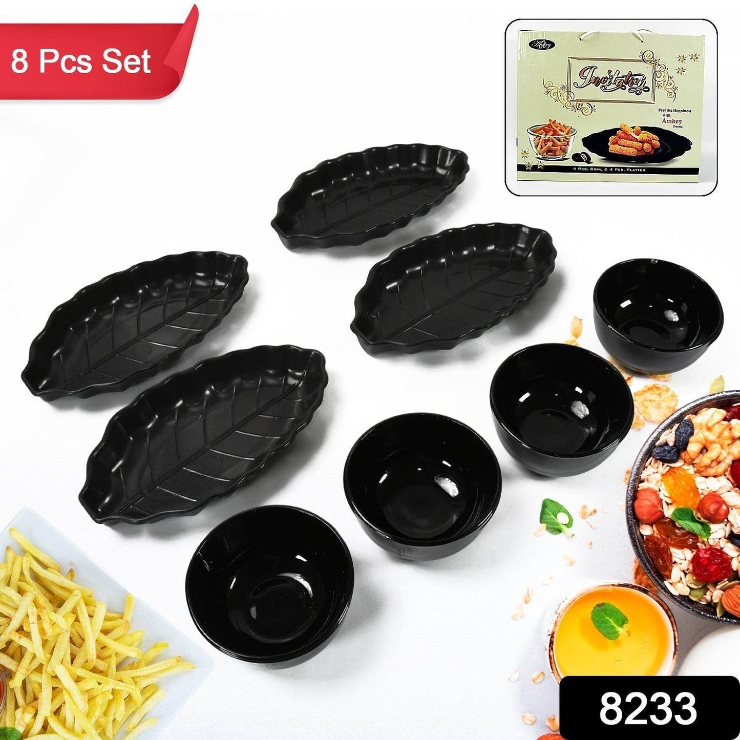Invitation Round Ceramic Snacks Bowl With Plastic Leaf shape Serving platter Portable, Lightweight Breakfast, Serving Bowl | Ideal for Rice, Pasta, Desserts Home & Kitchen Serving Bowl & platter (8 Pcs set) - infinityexculsivestore.com