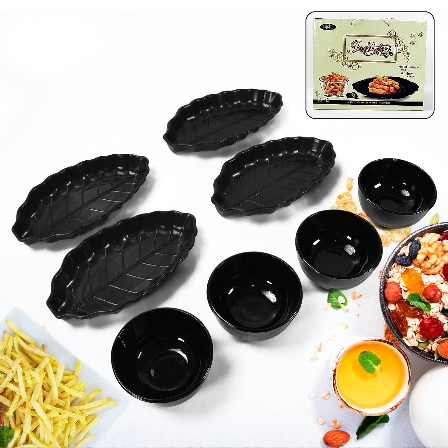 Invitation Round Ceramic Snacks Bowl With Plastic Leaf shape Serving platter Portable, Lightweight Breakfast, Serving Bowl | Ideal for Rice, Pasta, Desserts Home & Kitchen Serving Bowl & platter (8 Pcs set) - infinityexculsivestore.com
