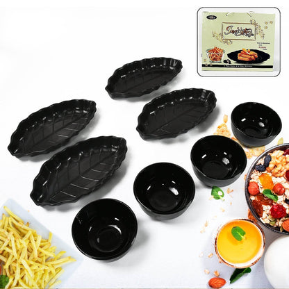 Invitation Round Ceramic Snacks Bowl With Plastic Leaf shape Serving platter Portable, Lightweight Breakfast, Serving Bowl | Ideal for Rice, Pasta, Desserts Home & Kitchen Serving Bowl & platter (8 Pcs set) - infinityexculsivestore.com