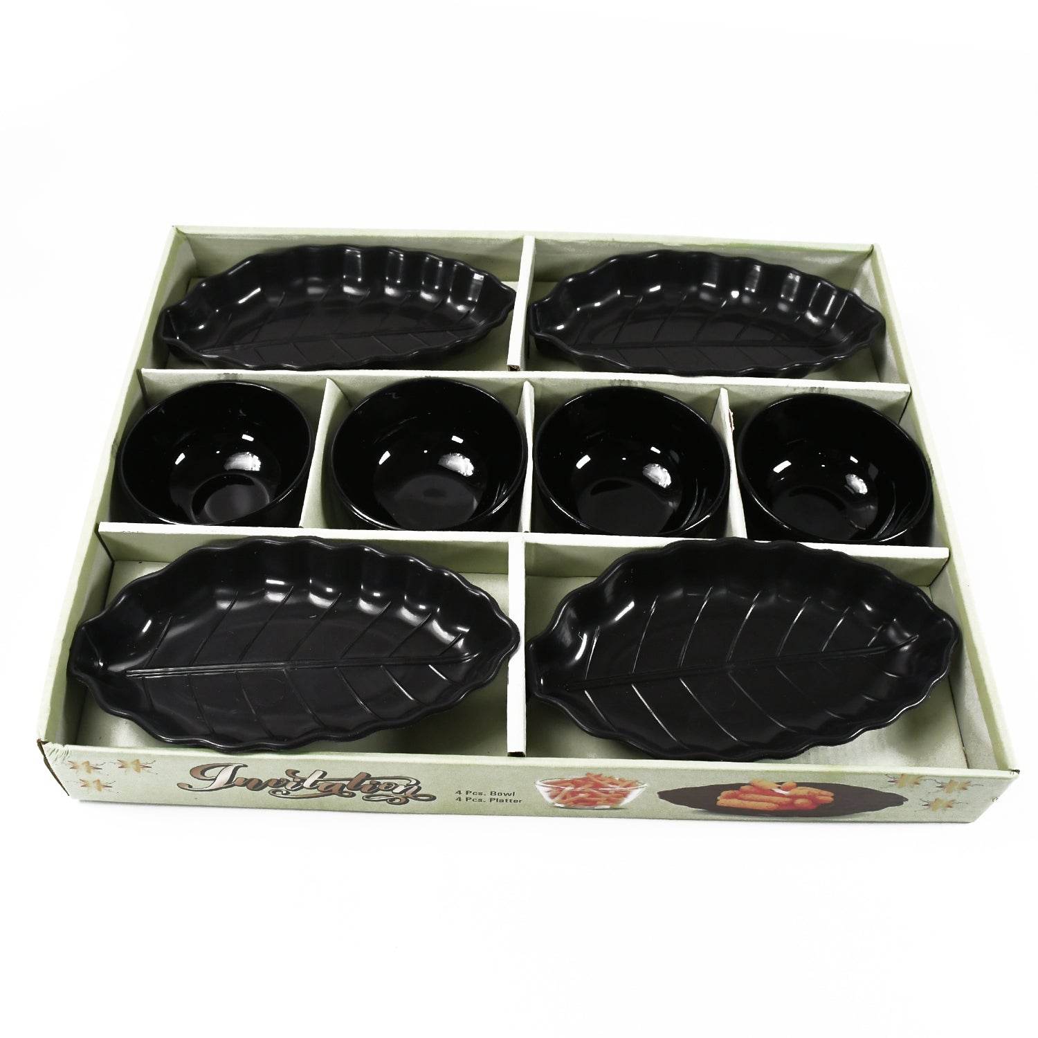 Invitation Round Ceramic Snacks Bowl With Plastic Leaf shape Serving platter Portable, Lightweight Breakfast, Serving Bowl | Ideal for Rice, Pasta, Desserts Home & Kitchen Serving Bowl & platter (8 Pcs set) - infinityexculsivestore.com