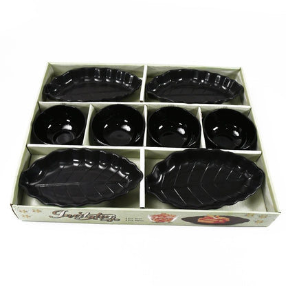 Invitation Round Ceramic Snacks Bowl With Plastic Leaf shape Serving platter Portable, Lightweight Breakfast, Serving Bowl | Ideal for Rice, Pasta, Desserts Home & Kitchen Serving Bowl & platter (8 Pcs set) - infinityexculsivestore.com