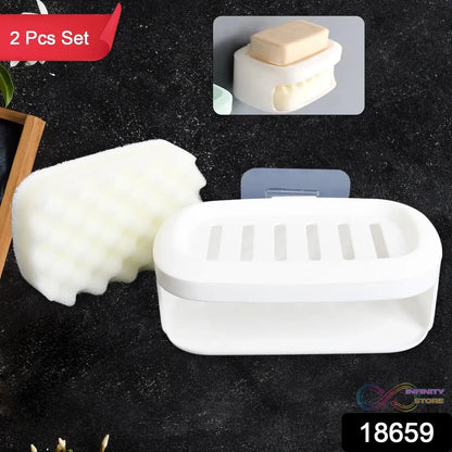 Soap Box With Sponge Dual - use Soap Holder (2 Pc Set / With Adhesive Hook) - infinityexculsivestore.com