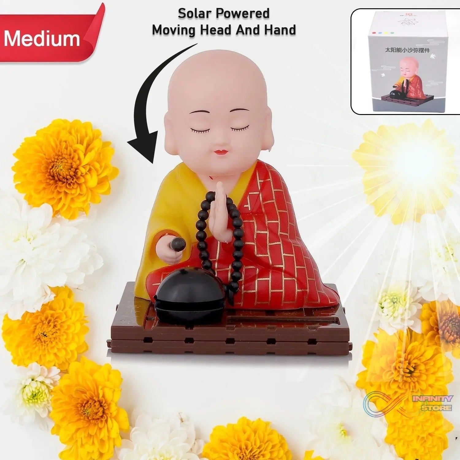 Solar Powered Sitting Buddha Statue, Moving Head and Hand (1 Pc / Medium) - infinityexculsivestore.com