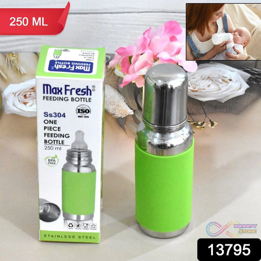 Stainless Steel Baby Feeding Bottle, Milk Feeding Bottle With Silicove Grip Cover (250 ML) - infinityexculsivestore.com