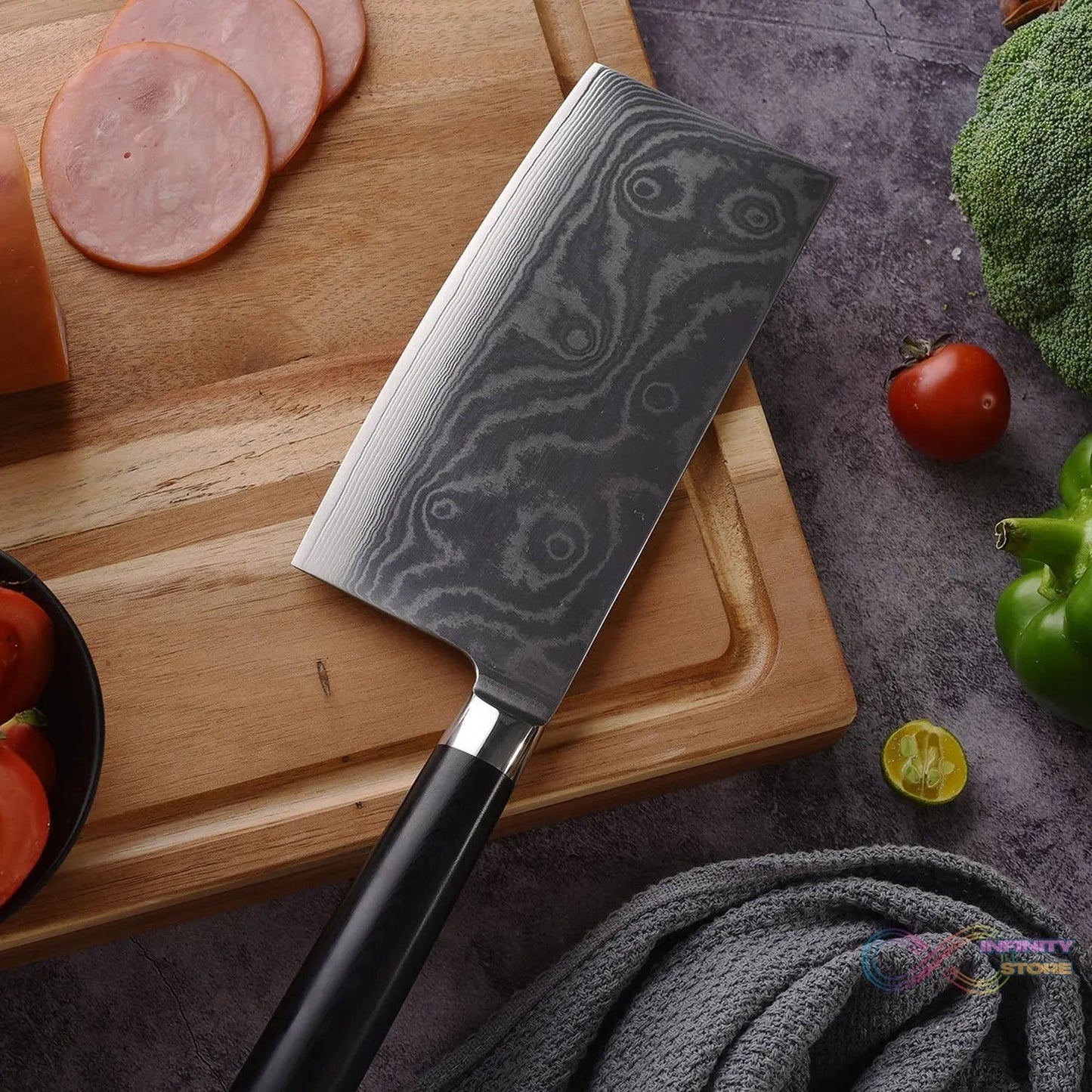 Stainless Steel Chef Damascus Cleaver Vegetable Knife with Plastic Handle & Cover, Multipurpose Use for Kitchen or Restaurant (12 Inch) - infinityexculsivestore.com