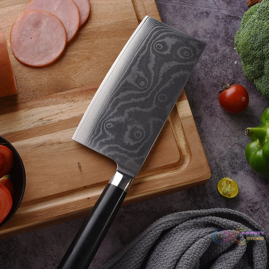 Stainless Steel Chef Damascus Cleaver Vegetable Knife with Plastic Handle & Cover, Multipurpose Use for Kitchen or Restaurant (12 Inch) - infinityexculsivestore.com