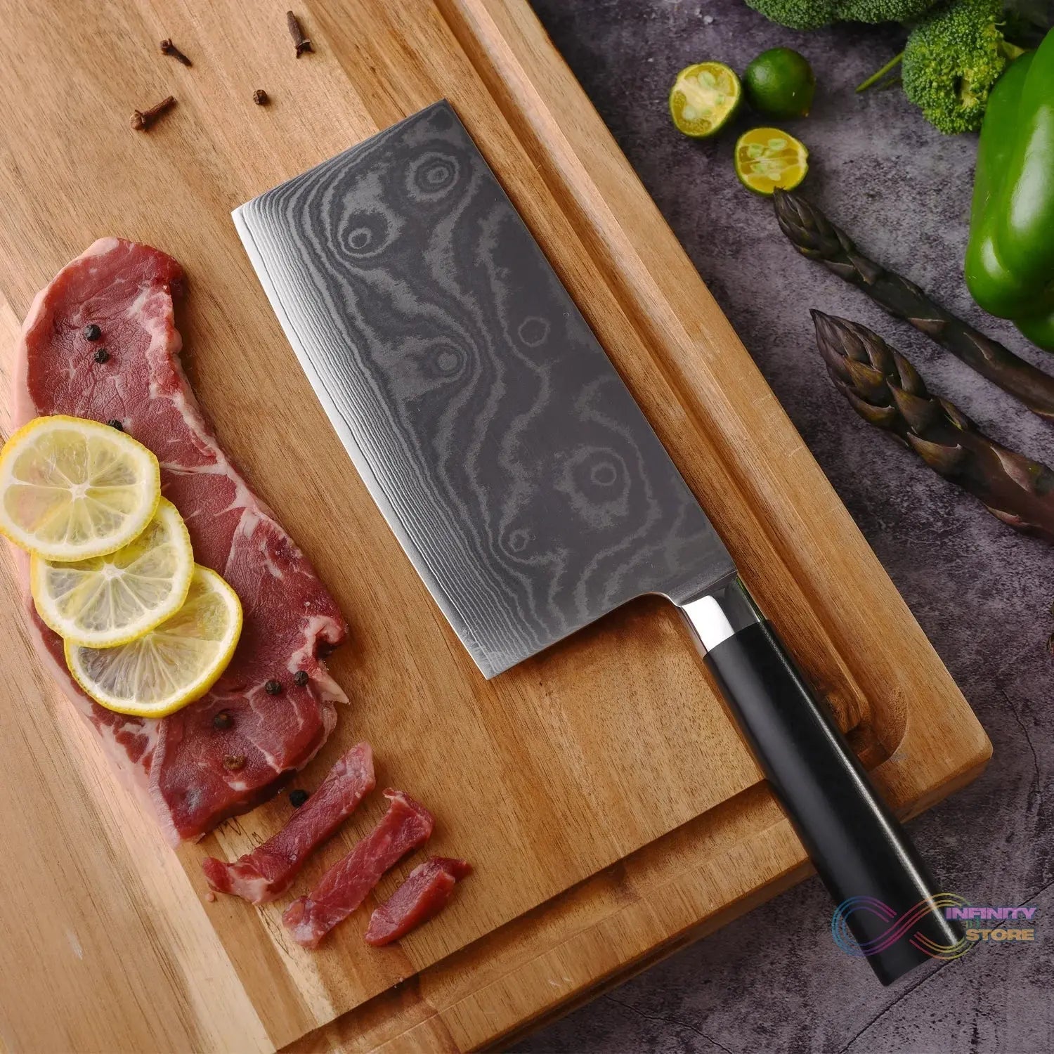 Stainless Steel Chef Damascus Cleaver Vegetable Knife with Plastic Handle & Cover, Multipurpose Use for Kitchen or Restaurant (12 Inch) - infinityexculsivestore.com