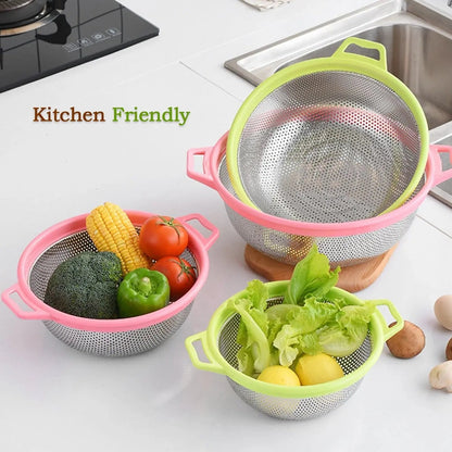 Stainless Steel Colander with Handle, Large Metal Green Strainer for Pasta, Spaghetti, Berry, Veggies, Fruits, Kitchen Food Colander, Dishwasher Safe - infinityexculsivestore.com