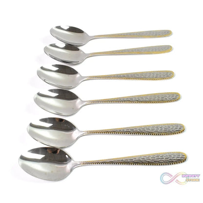 Stainless Steel Gold Bordered Textured Spoons Gold Plated Handle Set of 6 Pc - infinityexculsivestore.com