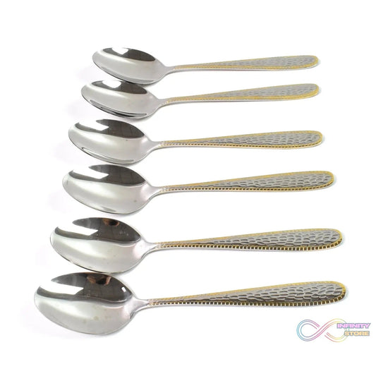 Stainless Steel Gold Bordered Textured Spoons Gold Plated Handle Set of 6 Pc - infinityexculsivestore.com