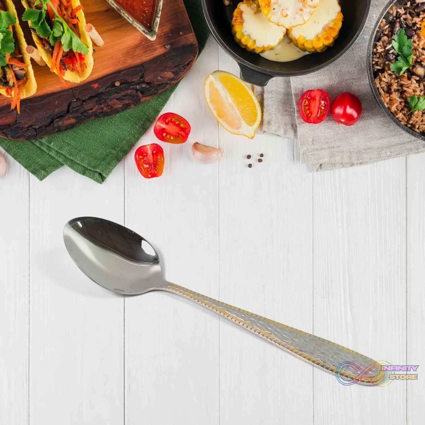Stainless Steel Gold Bordered Textured Spoons Gold Plated Handle Set of 6 Pc - infinityexculsivestore.com
