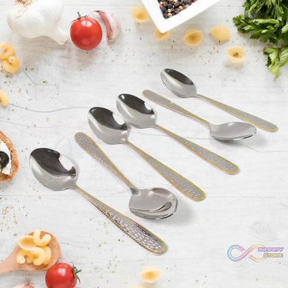 Stainless Steel Gold Bordered Textured Spoons Gold Plated Handle Set of 6 Pc - infinityexculsivestore.com