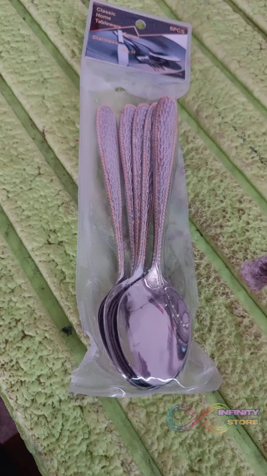 Stainless Steel Gold Bordered Textured Spoons Gold Plated Handle Set of 6 Pc - infinityexculsivestore.com