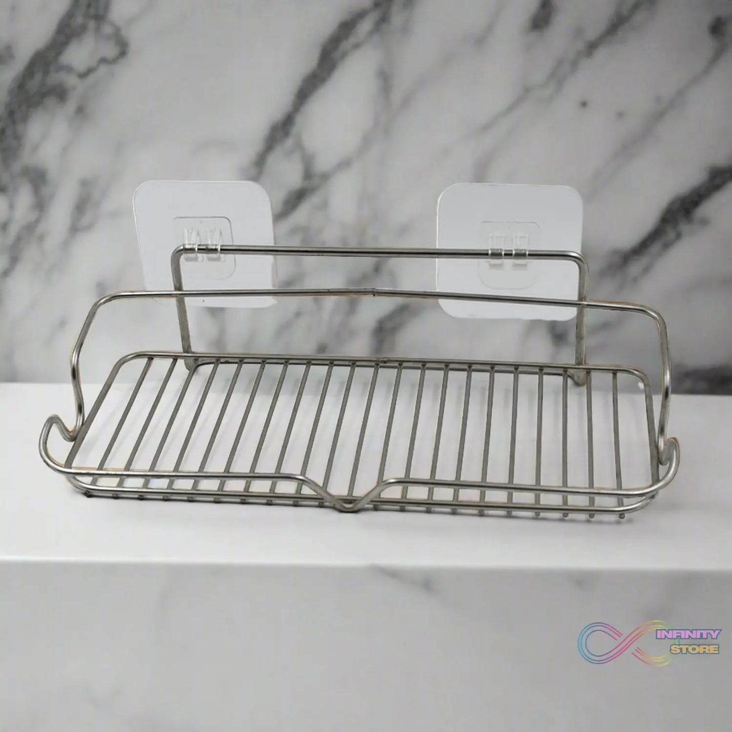 Stainless Steel Kitchen Bathroom Shower Shelf Storage Suction Basket Rack With 2 Hook (1 Pc) - infinityexculsivestore.com