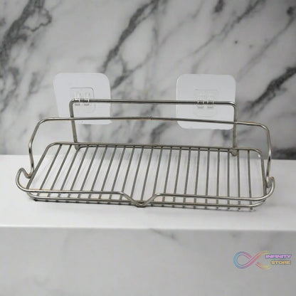 Stainless Steel Kitchen Bathroom Shower Shelf Storage Suction Basket Rack With 2 Hook (1 Pc) - infinityexculsivestore.com