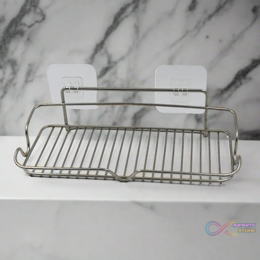 Stainless Steel Kitchen Bathroom Shower Shelf Storage Suction Basket Rack With 2 Hook (1 Pc) - infinityexculsivestore.com