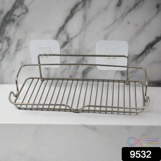 Stainless Steel Kitchen Bathroom Shower Shelf Storage Suction Basket Rack With 2 Hook (1 Pc) - infinityexculsivestore.com