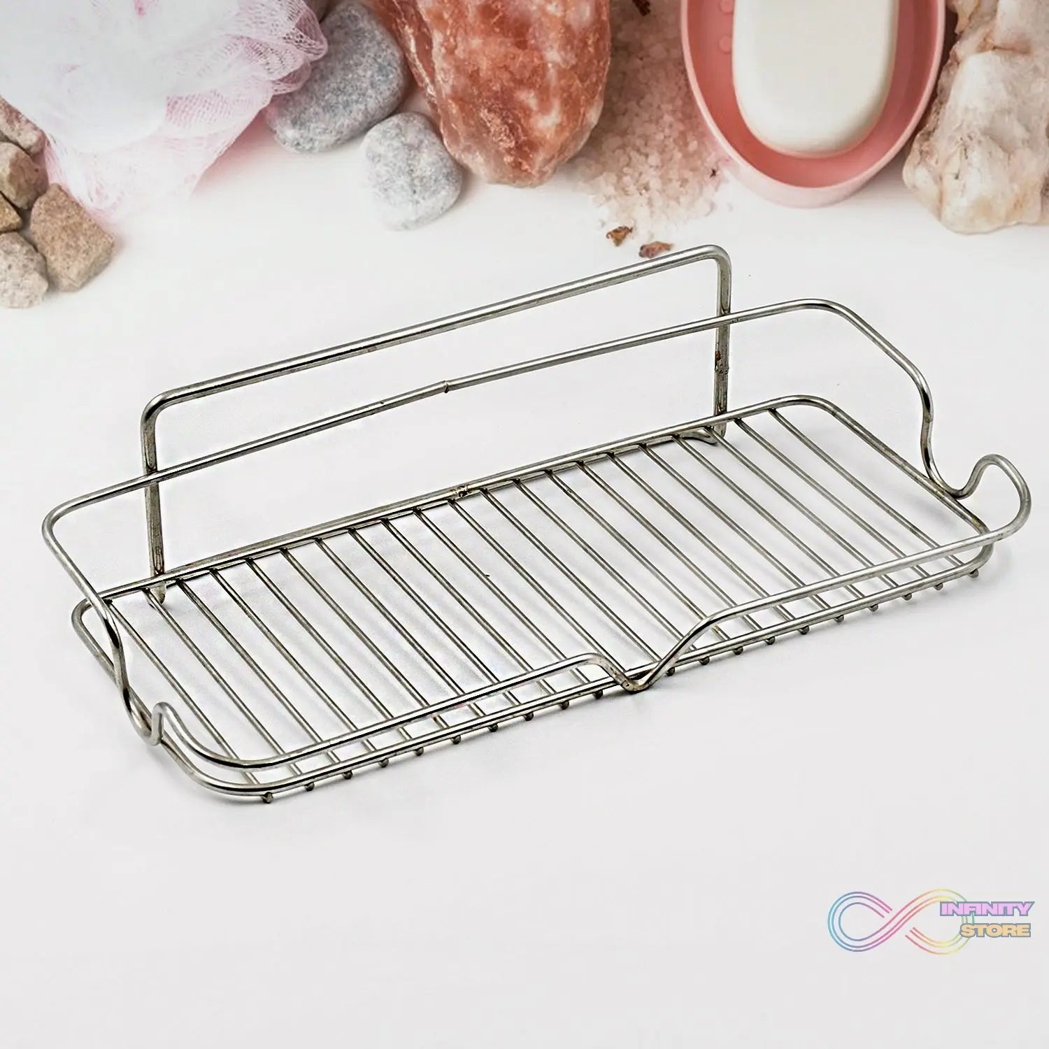 Stainless Steel Kitchen Bathroom Shower Shelf Storage Suction Basket Rack With 2 Hook (1 Pc) - infinityexculsivestore.com