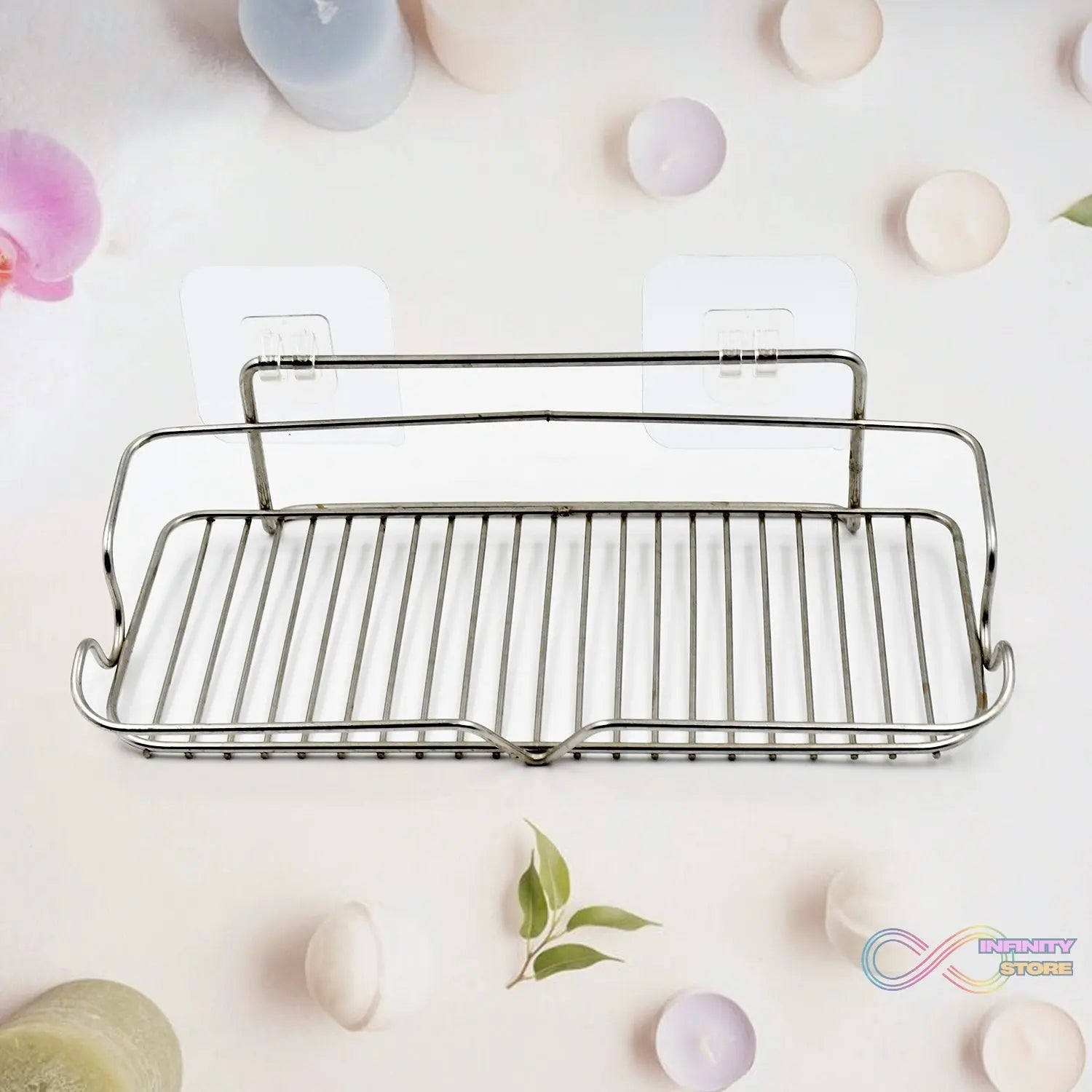 Stainless Steel Kitchen Bathroom Shower Shelf Storage Suction Basket Rack With 2 Hook (1 Pc) - infinityexculsivestore.com