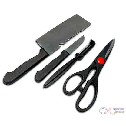 Stainless steel kitchen tool set including butcher knife, standard knife, peeler, and scissors.