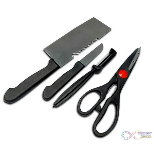 Stainless steel kitchen tool set including butcher knife, standard knife, peeler, and scissors.
