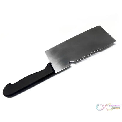 Kitchen tool set with stainless steel butcher knife, standard knife, peeler, and scissors.