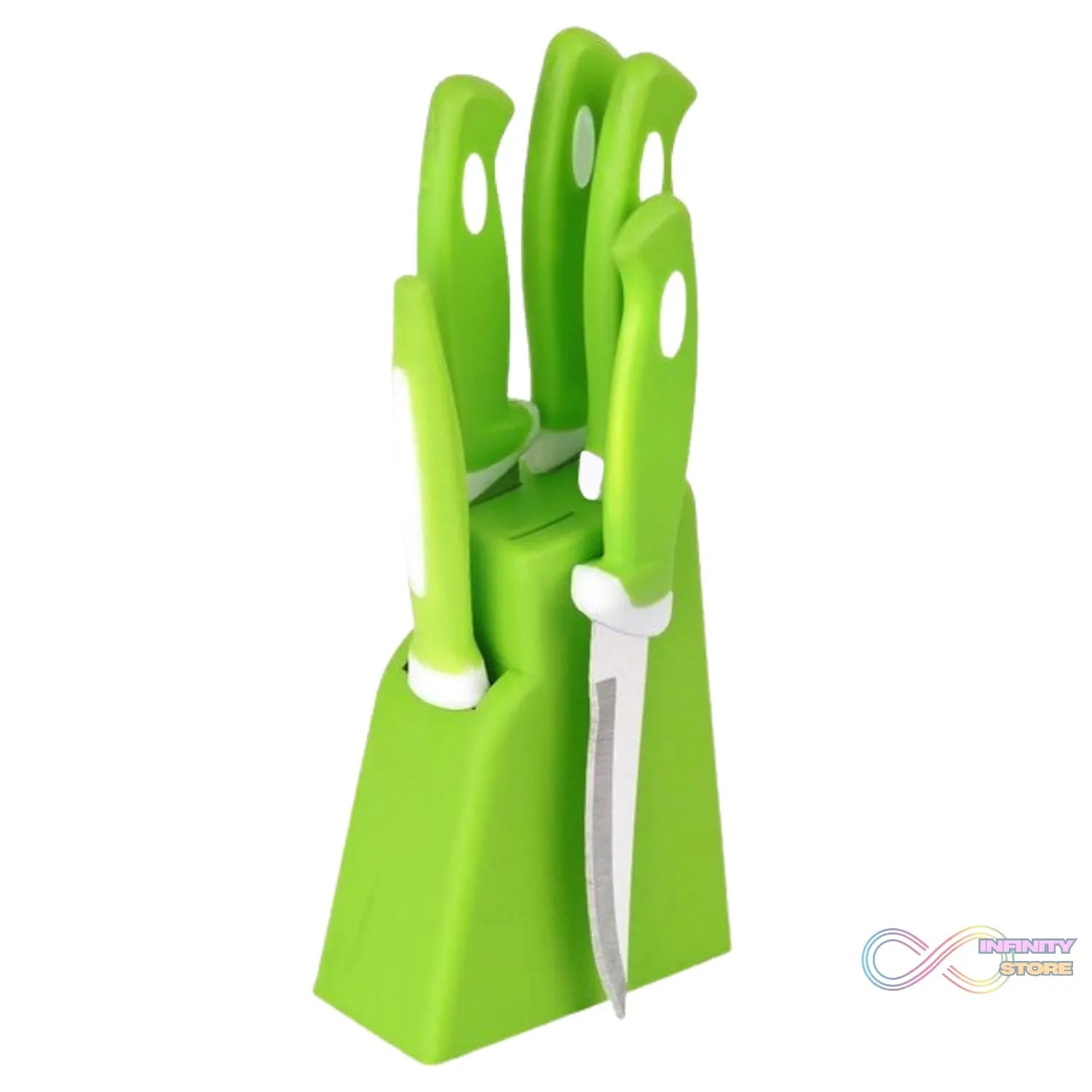 Complete kitchen knife and peeler set with stand.