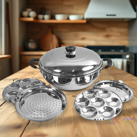 Stainless Steel Multi Kadai with 4 Plates in 1, 2 idli plates, 1 dhokla Plate, 1 Patra Plate, 1 kadai with 1 Lid (6 Pcs Set) - infinityexculsivestore.com