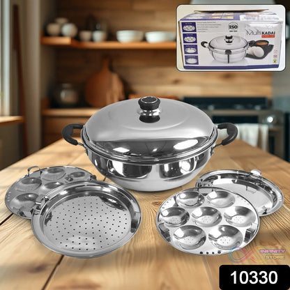 Stainless Steel Multi Kadai with 4 Plates in 1, 2 idli plates, 1 dhokla Plate, 1 Patra Plate, 1 kadai with 1 Lid (6 Pcs Set) - infinityexculsivestore.com