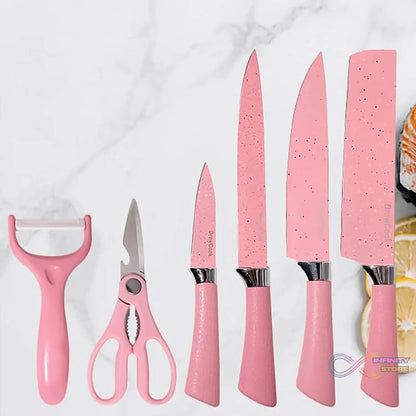 Stainless Steel Non Stick Ceramic Coating 6 Pcs Chef Kitchen Knife Set with Scissor & Peeler - infinityexculsivestore.com