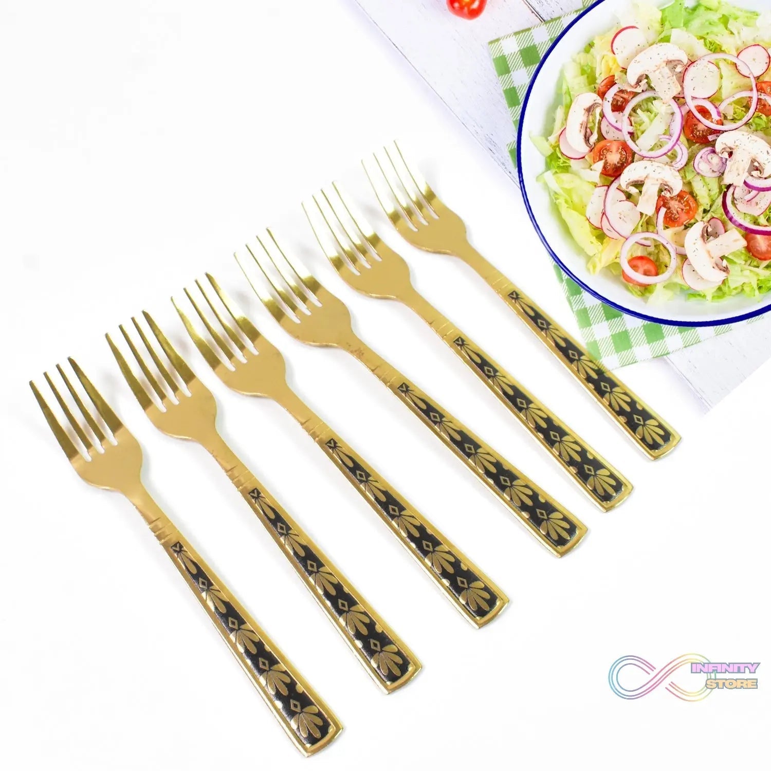 Stainless Steel Premium Fork Traditional Design Tablewar (6 Pcs Set / Golden) - infinityexculsivestore.com