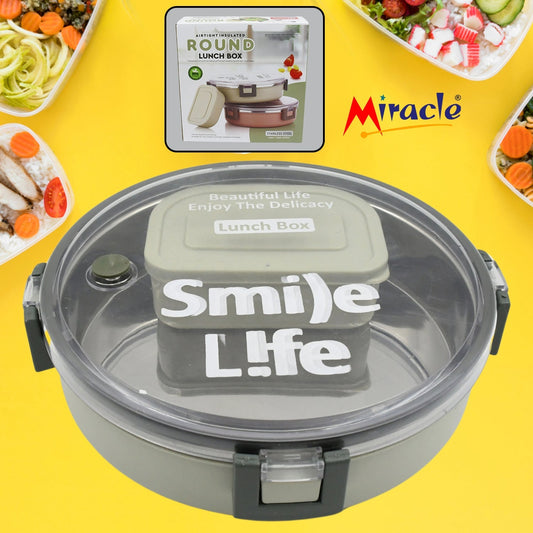 Miracle Stainless Steel Round Lunch Box, with Small Plastic Box Insert Leak Proof Lunch Box with Transparent lid, Lunch Box for Kids & Adults for School, Office (450 ML + 250 ML Approx) - infinityexculsivestore.com