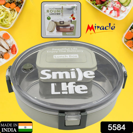 Miracle Stainless Steel Round Lunch Box, with Small Plastic Box Insert Leak Proof Lunch Box with Transparent lid, Lunch Box for Kids & Adults for School, Office (450 ML + 250 ML Approx) - infinityexculsivestore.com