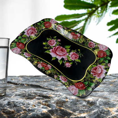 Stainless Steel Serving Tray With Flower Printed Rectangle Premium Dining Table Plate (18 x 8.5 Inch / 1 Pc) - infinityexculsivestore.com